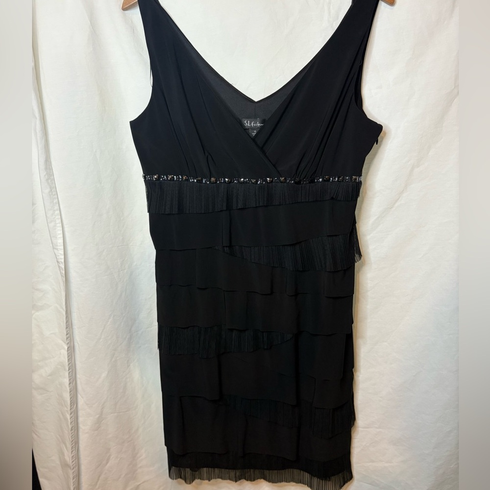 NWOT S.L. Fashions Elegant Black Sleeveless Fringe Dress Size 16
